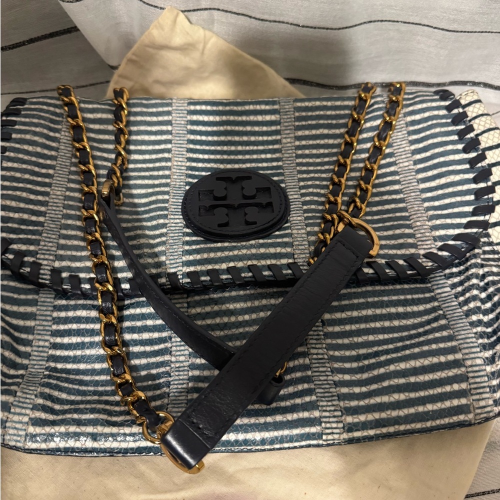 Tory Burch Striped Blue and White Shoulder Bag